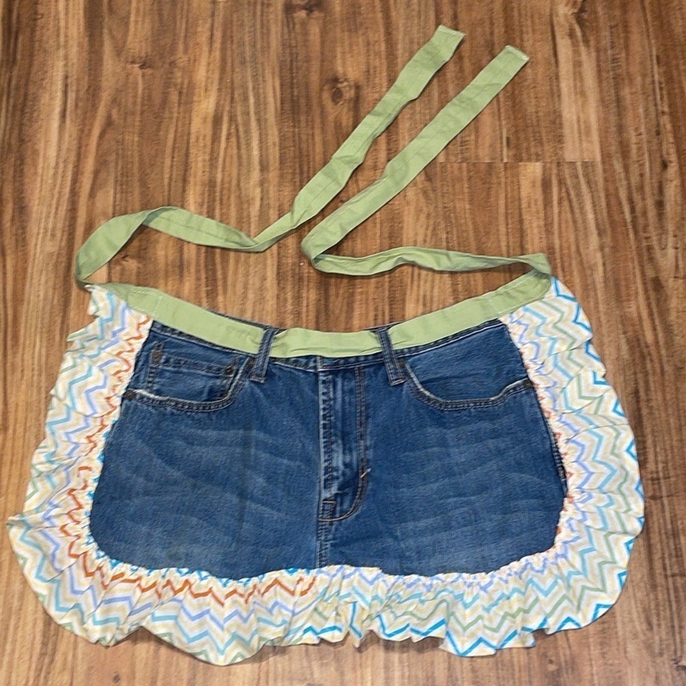 Womenโs apron handmade upcycled recycled denim Chevron tie closure